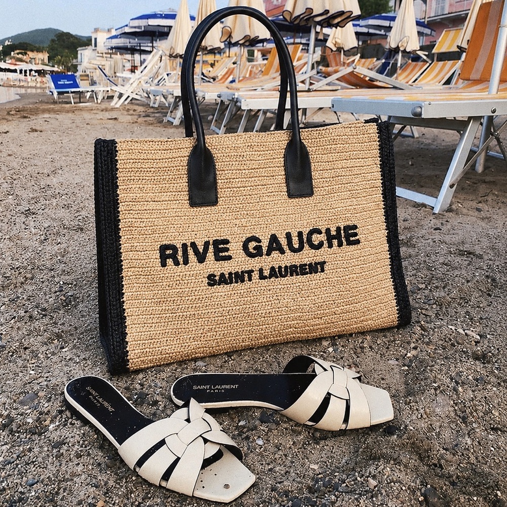 Saint Laurent Natural Straw Tote with Black Trim